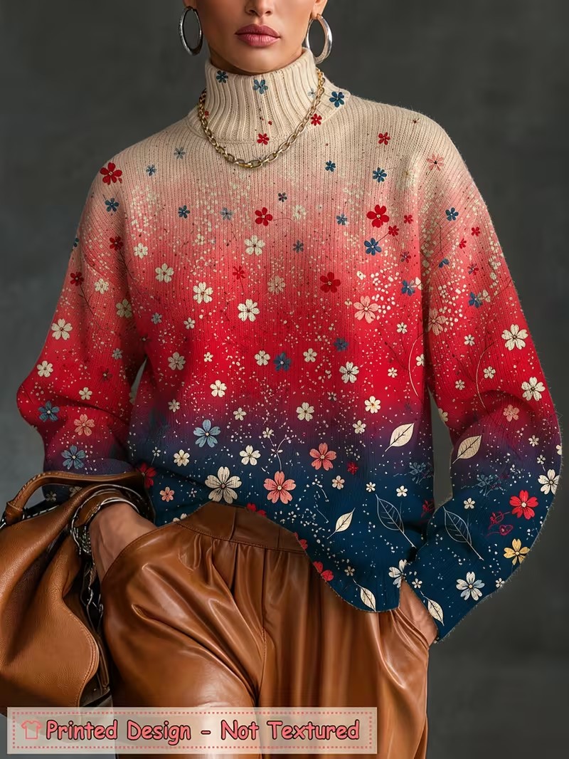 T-Shirts - Women Turtleneck T shirt Gradient Floral