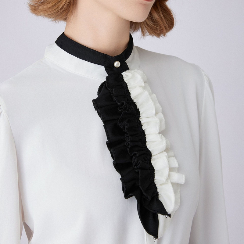 Shirts - Black White Ruffled Collar Decorative Neckwear