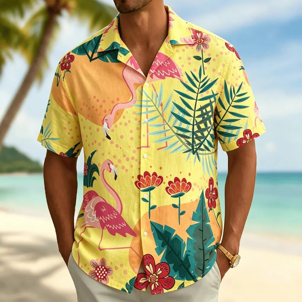 Vintage Hawaiian Floral Shirt - Men's Tropical Flamingo Print Short Sleeve