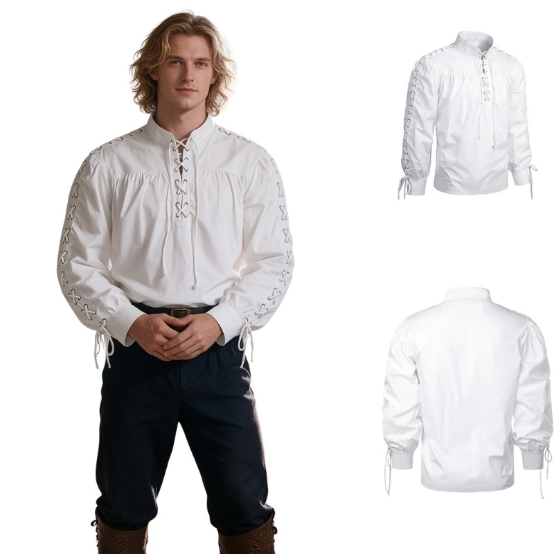 Men Vintage Lace Up Stand Coll - Medieval Gothic Lace Up Pirate Shirt review and price