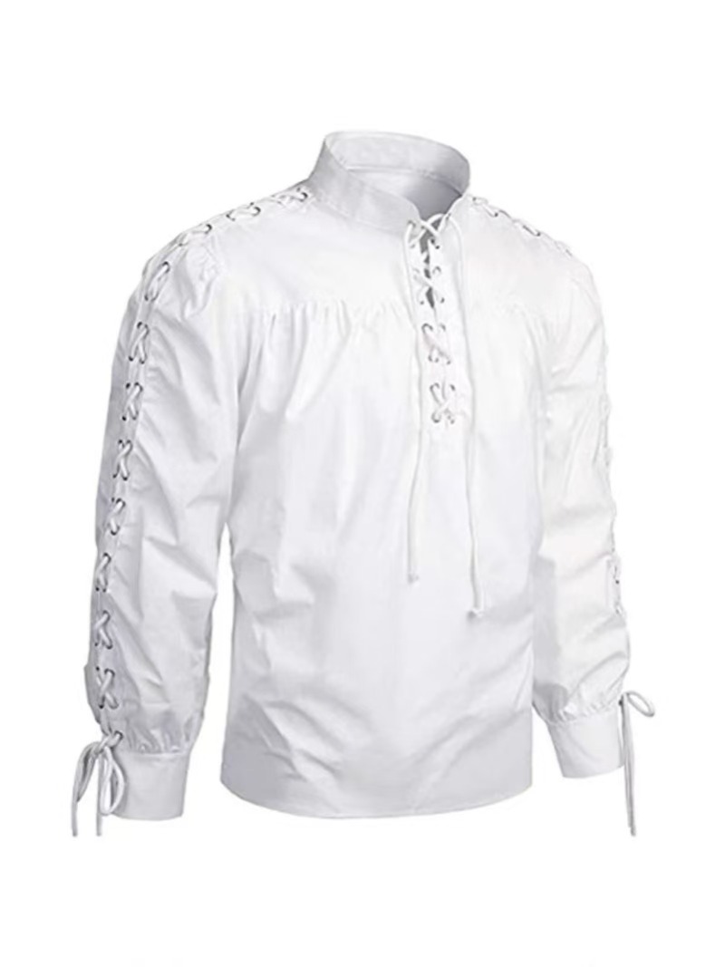 Men Vintage Lace Up Stand Coll - Medieval Gothic Lace Up Pirate Shirt review and price