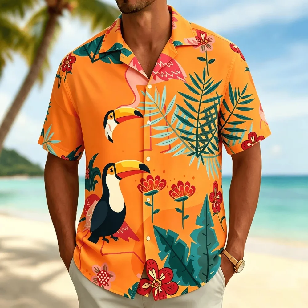 Men's Tropical Flamingo Print  - Vintage Hawaiian Floral Shirt review and price